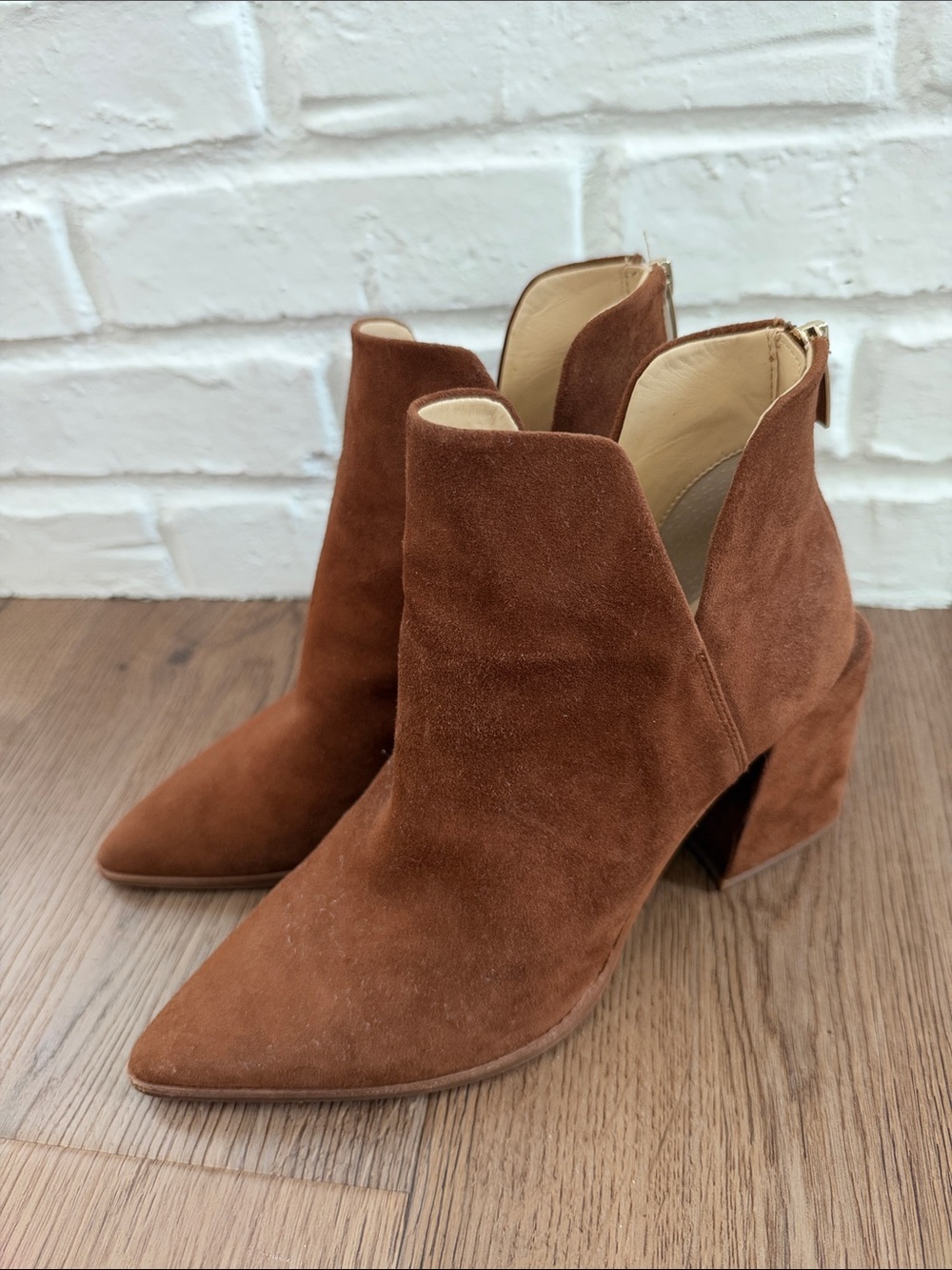 Vince Camuto Cognac Suede Pointed-Toe Ankle Boots